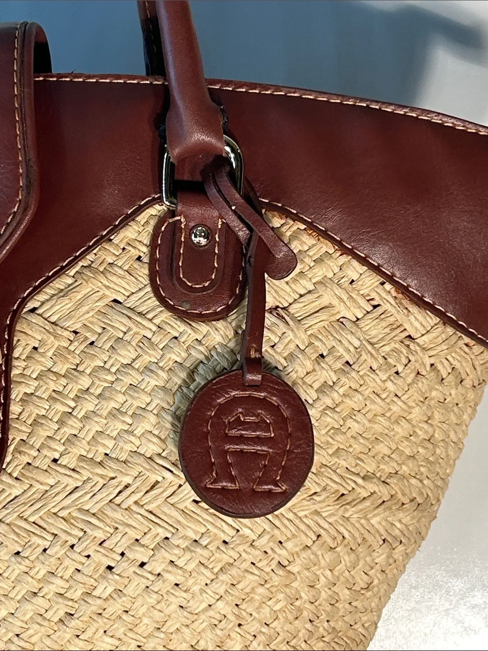 Etienne Aigner Woven Straw Bag Brown Trim Resort Timeless Cottage Coastal